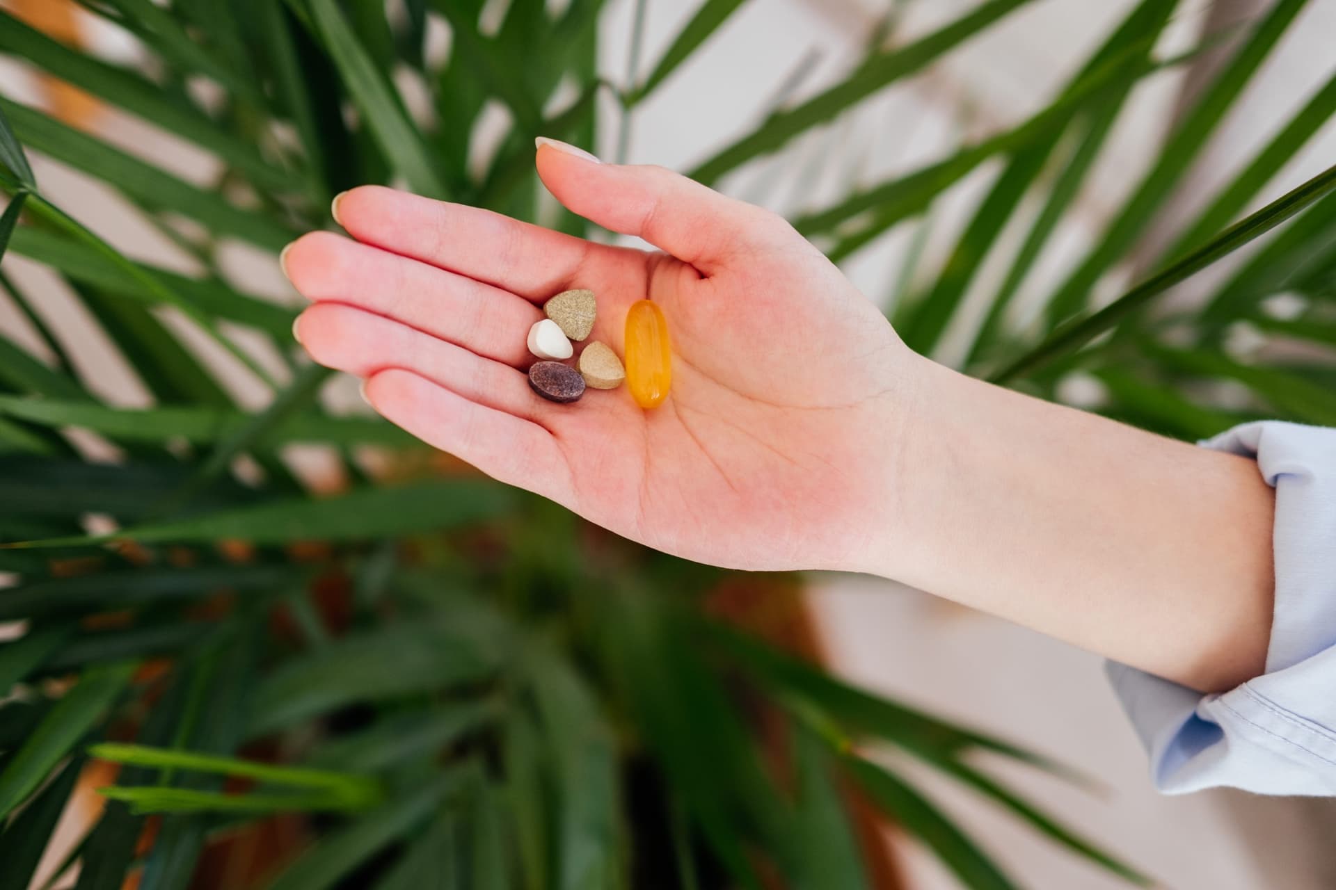 A hand holding supplement capsules.