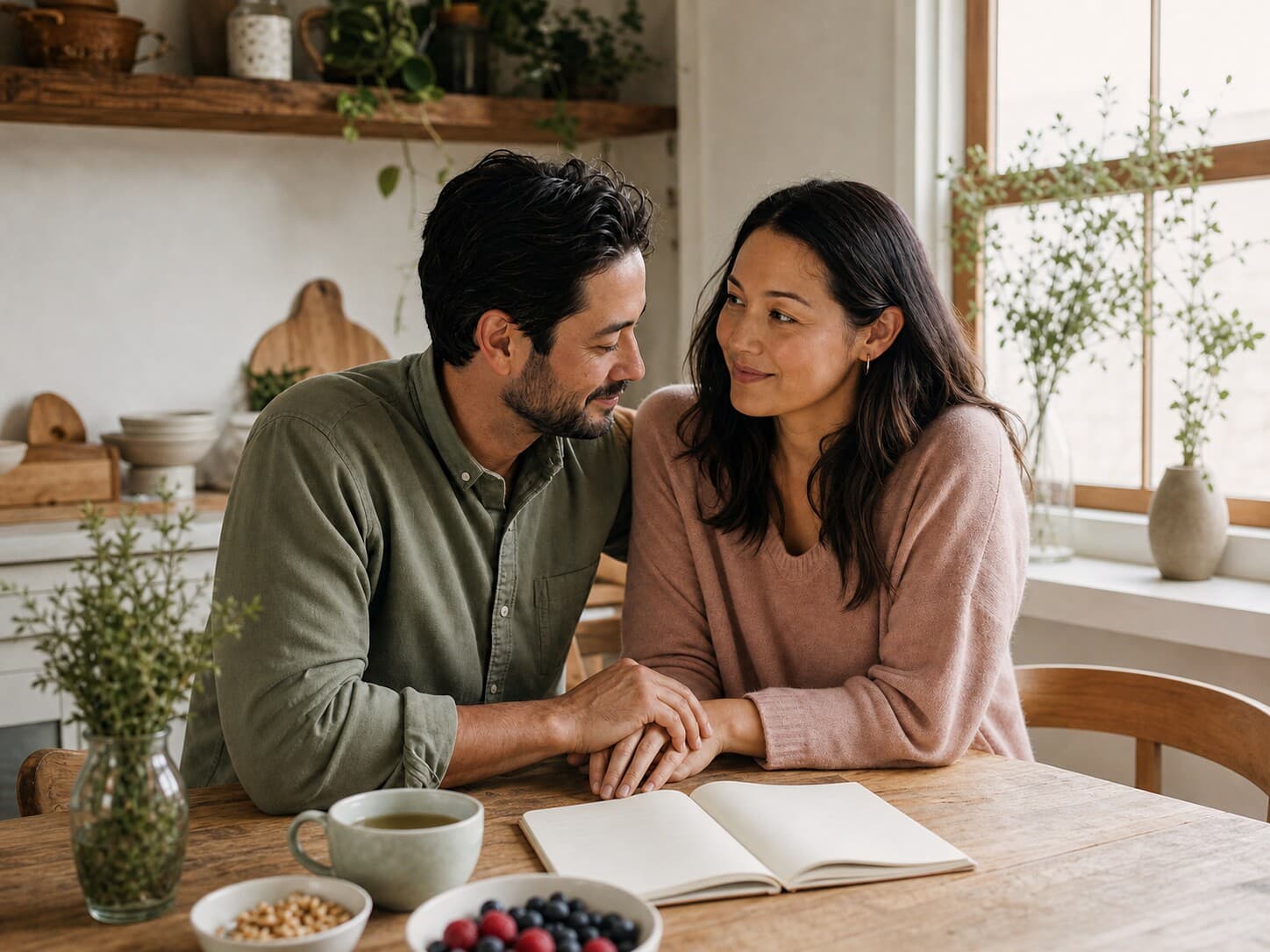 Couple sharing a quiet preconception planning moment at home.